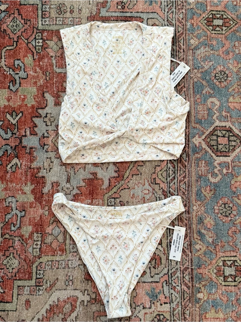 LaPorteTwisted Crop Bikini Top & High Leg Bottoms - Cream with Florals